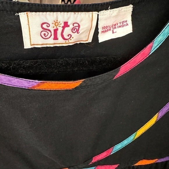 Vintage Sita Maxi Dress With Pockets Round Neck Short Sleeve Cotton Black Large - Picture 3 of 3